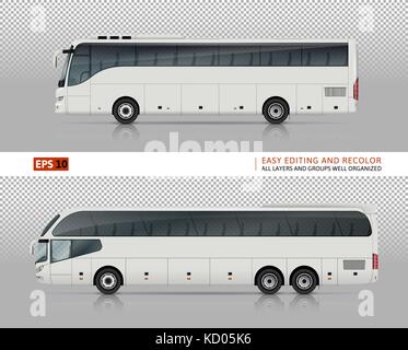 Coach buses vector mock-up for car branding and advertising. Isolated travel bus set on transparent background. All layers and groups well organized Stock Vector