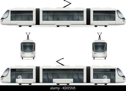 White city tram vector mock-up. Isolated railway transport set. Electric passenger train on white background. All layers and groups well organized Stock Vector