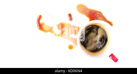 Cup of espresso with blots of coffee as panorama white isolated Stock Photo