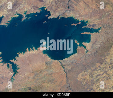 Satellite image of Lake Kariba—one of the largest artificial reservoirs in the world—straddles the border between Zambia and Zimbabwe Stock Photo