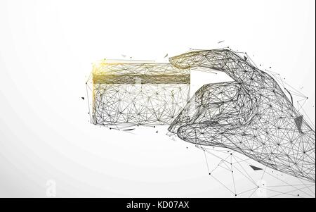 Hand holding credit card from lines and triangles, point connecting network on background. Illustration vector Stock Vector