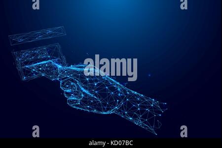 Hand pulling in debit card at ATM from lines and triangles, point connecting network on blue background. Illustration vector Stock Vector