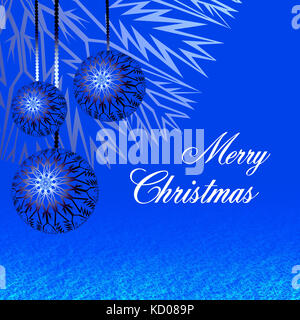 Three silver festive Christmas balls hanging above the snow surface on a blue background - illustration, design for greeting card or holiday border wi Stock Photo