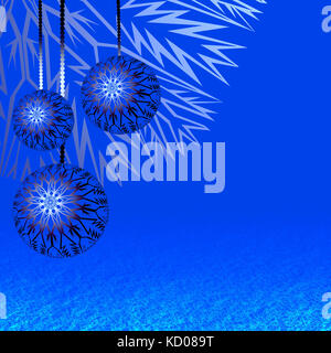 Three silver festive Christmas balls hanging above the snow surface on a blue background - illustration, design for greeting card or holiday border wi Stock Photo