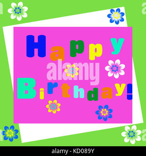 Happy birthday greeting card illustration with bright colorful letters and flowers Stock Photo