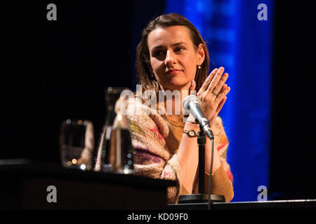 Essen, Germany. 8 October 2017. Pictured: actress Annett Renneberg. American novelist Donna Leon - writer of the Commissario Brunetti series set in Venice, Italy, headlines the lit.Ruhr literature festival. Event with German actress Annett Renneberg and presenter Antje Deistler at Zeche Zollverein. From 4th to 8th October 2017 the international literature festival lit.RUHR presents well known international authors in interviews and readings. Stock Photo