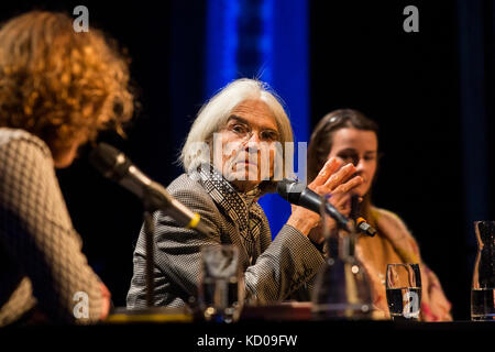 Essen, Germany. 8 October 2017. L-R: Antje Deistler, Donna Leon, Annett Renneberg. American novelist Donna Leon - writer of the Commissario Brunetti series set in Venice, Italy, headlines the lit.Ruhr literature festival. Event with German actress Annett Renneberg and presenter Antje Deistler at Zeche Zollverein. From 4th to 8th October 2017 the international literature festival lit.RUHR presents well known international authors in interviews and readings. Stock Photo