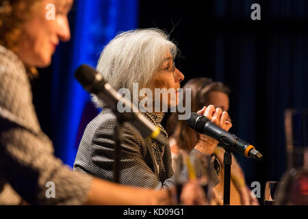 Essen, Germany. 8 October 2017. L-R: Antje Deistler, Donna Leon, Annett Renneberg. American novelist Donna Leon - writer of the Commissario Brunetti series set in Venice, Italy, headlines the lit.Ruhr literature festival. Event with German actress Annett Renneberg and presenter Antje Deistler at Zeche Zollverein. From 4th to 8th October 2017 the international literature festival lit.RUHR presents well known international authors in interviews and readings. Stock Photo