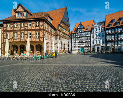 Butchers' Guild Hall, market place with half-timbered houses, city museum, Hotel Van der Valk, Hildesheim, Lower Saxony, Germany Stock Photo