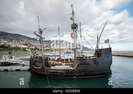 View of an amazing Replica of a Portuguese Caravel vessel, that pioneered the Atlantic sea travels during the Navigation Discovery Era. Stock Photo