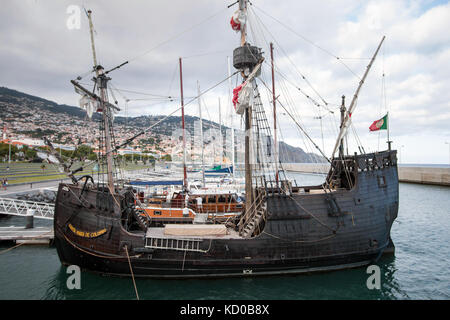 View of an amazing Replica of a Portuguese Caravel vessel, that pioneered the Atlantic sea travels during the Navigation Discovery Era. Stock Photo