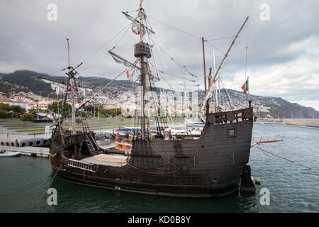 View of an amazing Replica of a Portuguese Caravel vessel, that pioneered the Atlantic sea travels during the Navigation Discovery Era. Stock Photo