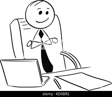 Cartoon stick man illustration of  happy satisfied contented businessman or boss or manager sitting in office with arms crossed. Stock Vector