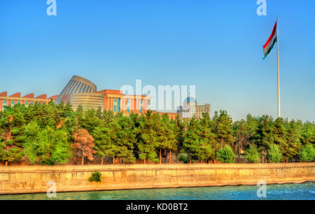 View of Dushanbe with the Varzob River and the Flagpole. Tajikistan, Central Asia Stock Photo