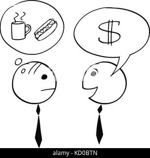Cartoon stick man illustration of two businessman, one talking about dollar business, second thinking about coffee and hot dog break. Stock Vector