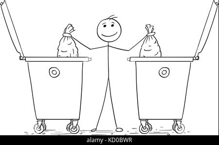 Cartoon stick man illustration of man throwing two separate waste bags in to container dumpsters. Stock Vector