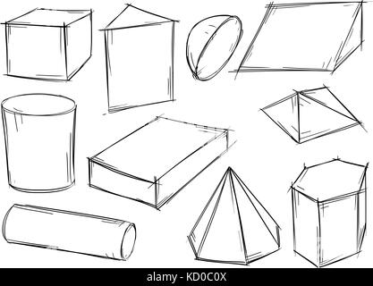 Set of various sketchy 3d geometrical shape doodles. Stock Vector
