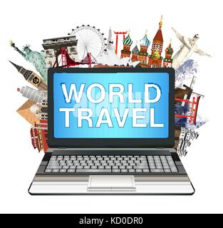 laptop with world travel landmark on white background Stock Vector