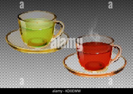 Glass cup set with green and black tea on transparent background. Realistic vector, 3D Stock Vector