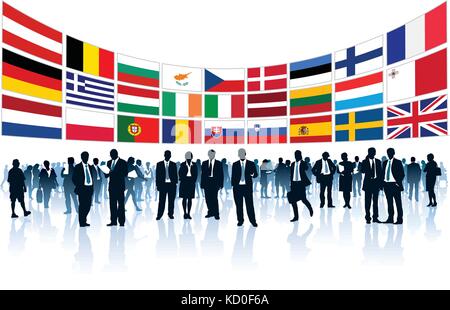 Crowd of businesspeople is standing in front of national flags of European countries. Stock Vector