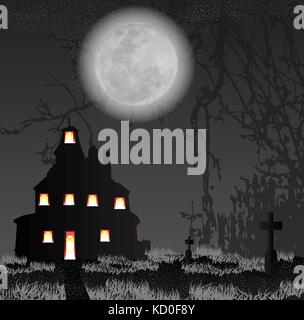 Halloween background  on dark night with full moon and castle backdrop, graveyards, Scary and Silent ,cross on weary fields,haunted castle, dead tree. Stock Vector