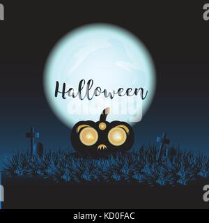 Halloween background  on dark night with full moon backdrop, graveyards, Scary and Silent ,cross on weary fields,haunted castle, dead tree. Stock Vector