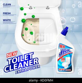 Toilet banner ads, effect of cleaner before and after. Green virus escaping from shining toilet bowl. Detergent cleaner gel in bottle mockup. 3d Vector illustration Stock Vector