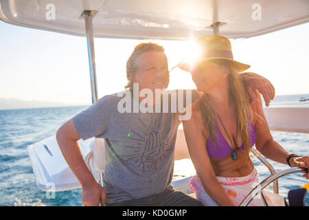 Couple relaxing on yacht, Ban Koh Lanta, Krabi, Thailand, Asia Stock Photo