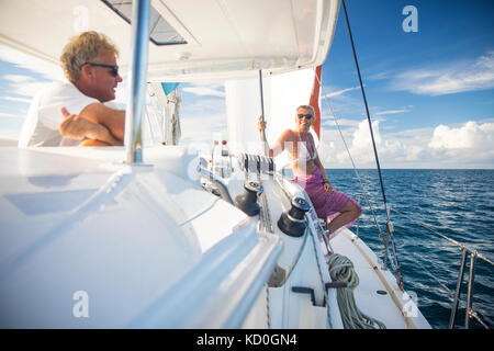 Couple relaxing on yacht, Ban Koh Lanta, Krabi, Thailand, Asia Stock Photo