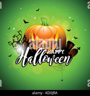 Happy Halloween vector illustration with pumpkin and cemetery on green sky background. Holiday design with spiders and bats for greeting card, banner, poster, party invitation. Stock Vector