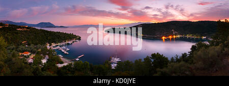 Morning view of the Spilia harbur on Meganisi island as seen from Spartochori village. Stock Photo