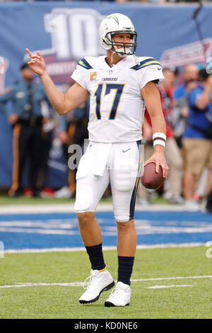 East Rutherford, New Jersey, USA. 8th Oct, 2017. Los Angeles Chargers quarterback Philip Rivers (17) looks on prior to the NFL game between the Los Angeles Chargers and the New York Giants at MetLife Stadium in East Rutherford, New Jersey. Christopher Szagola/CSM/Alamy Live News Stock Photo