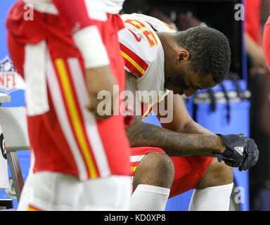 East Rutherford, New Jersey, USA. 3rd Dec, 2017. Kansas City Chiefs  cornerback Marcus Peters (22) heads back to the field with no socks during  the NFL game between the Kansas City Chiefs