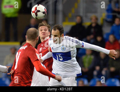 Pilsen, Czech Republic. 08th Oct, 2017. From left Czech MICHAEL KRMENCIK and JAN KOPIC and CRISTIAN BROLLI of San Marino in action during the match Czech Republic vs San Marino Place, Qualifier for Football World Championship, Group C in Pilsen, Czech Republic, October 8, 2018. Credit: Miroslav Chaloupka/CTK Photo/Alamy Live News Stock Photo