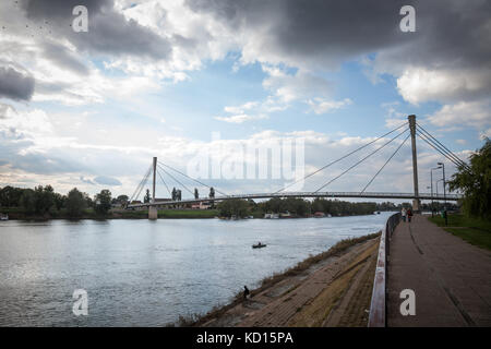 SREMSKA MITROVICA, SERBIA - OCTOBER 10, 2017: Saint Irinej bridge (Most Svetog Irineja) corring the Sava river in Sremska Mitrovica (Serbia). Sremska  Stock Photo