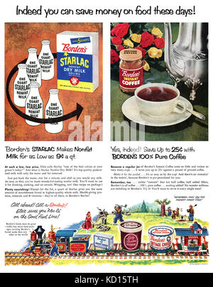 1952 U.S. advertisement for Borden's Foods, featuring Starlac non fat dry milk solids and instant coffee. Stock Photo