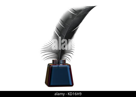 Feather and ink bottle, 3D rendering  isolated on white background Stock Photo