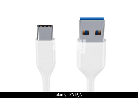 White USB-C charging data cable, type C male to type A male. 3D rendering Stock Photo