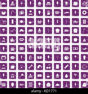 100 dessert icons set grunge purple Stock Vector