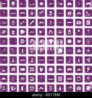 100 development icons set grunge purple Stock Vector