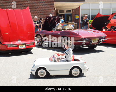Little boy with Corvette pedal car dreaming that maybe he'll get a real Vette. Seen at a local car show Stock Photo