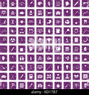 100 diagnostic icons set grunge purple Stock Vector