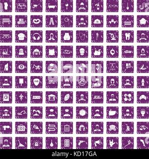100 different professions icons set grunge purple Stock Vector