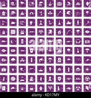 100 disaster icons set grunge purple Stock Vector