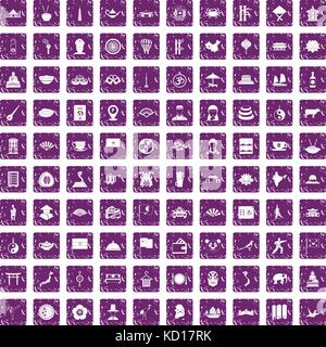 100 dish icons set grunge purple Stock Vector