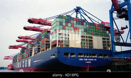 HAMBURG HARBOUR - CMA CGM ZHENG HE 400 METERS LONG CONTAINER IN BURCHARDKAI TERMINAL - HAMBURG PORT- GERMANY - SILVER FILM © Frédéric BEAUMONT Stock Photo