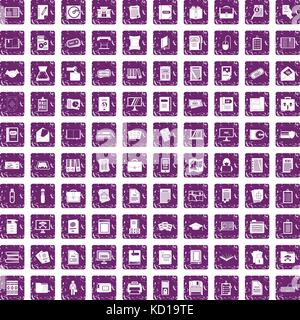 100 document icons set grunge purple Stock Vector