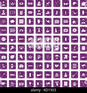 100 donation icons set grunge purple Stock Vector