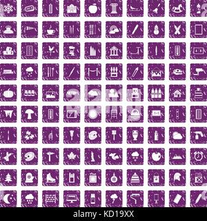 100 drawing icons set grunge purple Stock Vector