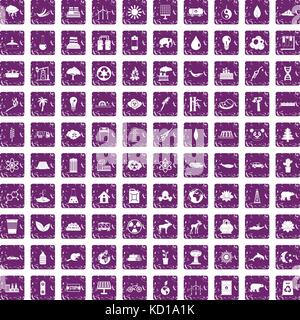 100 eco icons set grunge purple Stock Vector